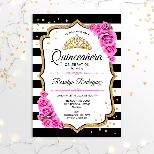Quinceanera - Weißes Schwarzes Rosa Einladung
