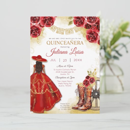 Quinceañera Western Red Gold Charra Blumenstiefel Einladung (Stehend Vorderseite)