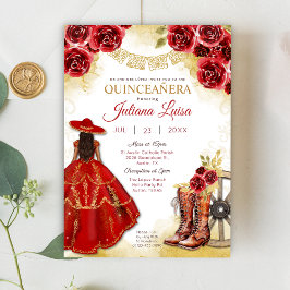 Quinceañera Western Red Gold Charra Blumenstiefel Einladung