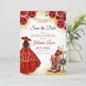 Quinceañera Western Red Gold Charra Blumenstiefel Save The Date (Stehend Vorderseite)