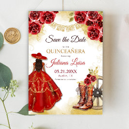 Quinceañera Western Red Gold Charra Blumenstiefel Save The Date
