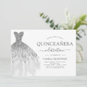 Quinceanera White and Silver Glitzer Sparkone Einladung (Stehend Vorderseite)