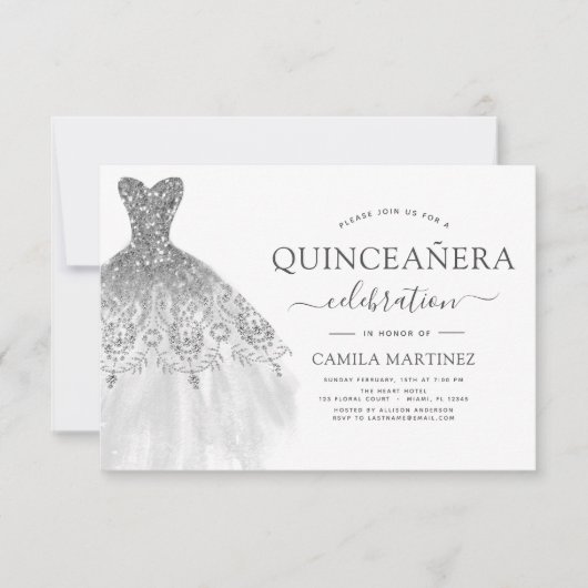 Quinceanera White and Silver Glitzer Sparkone Einladung (Vorderseite)