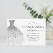 Quinceanera White and Silver Glitzer Sparkone Einladung (Stehend Vorderseite)