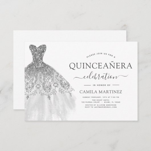 Quinceanera White and Silver Glitzer Sparkone Einladung (Vorne/Hinten)