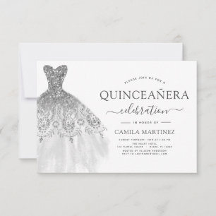 Quinceanera White and Silver Glitzer Sparkone Einladung