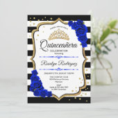 Quinceanera - White Black Royal Blue Gold Einladung (Stehend Vorderseite)
