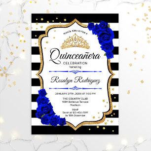 Quinceanera - White Black Royal Blue Gold Einladung