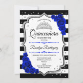 Quinceanera - White Black Royal Blue Silver Einladung (Vorderseite)