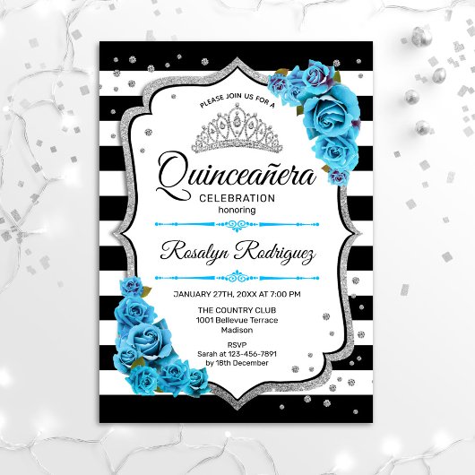 Quinceanera - White Black Silver Blue Einladung