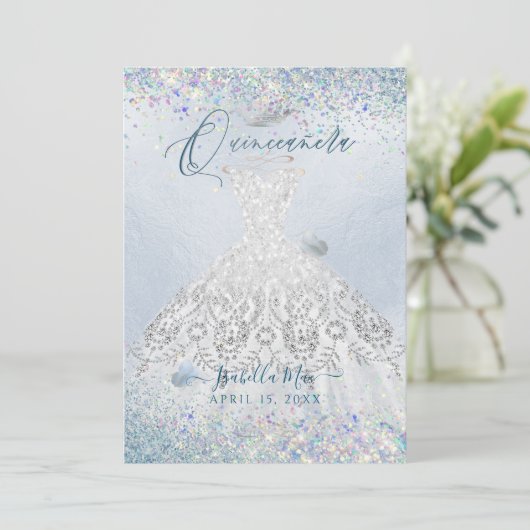 Quinceanera White Gold Dusty Blue Glitzer Gown Einladung (Stehend Vorderseite)