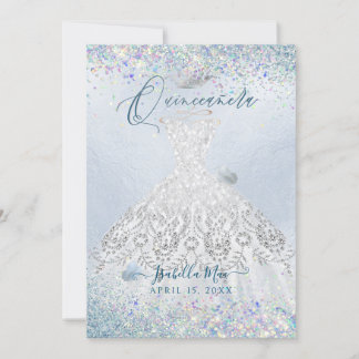 Quinceanera White Gold Dusty Blue Glitzer Gown Einladung