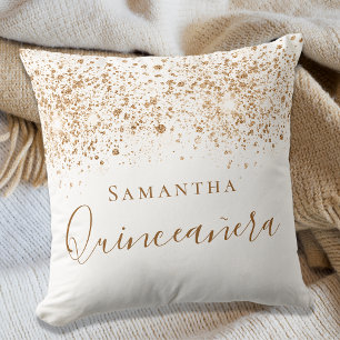 Quinceanera white gold glitter dust monogram kissen