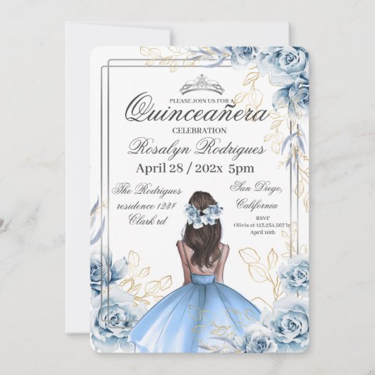 Quinceañera - White Gold Navy Blue Einladung (Vorderseite)