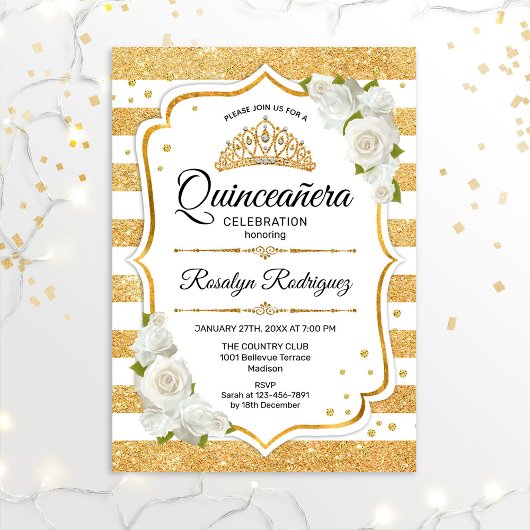 Quinceanera - White Gold Streifen Einladung