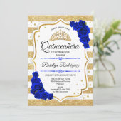 Quinceanera - White Gold Streifen Royal Blue Einladung (Stehend Vorderseite)