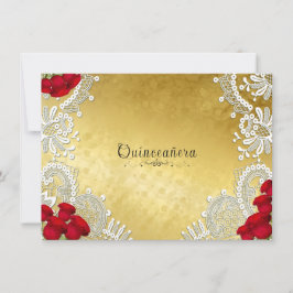 Quinceanera White Lace Rote Rosen auf Gold Einladung