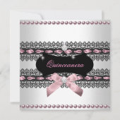 Quinceanera White Pink Black Lace Pearl Einladung (Vorderseite)