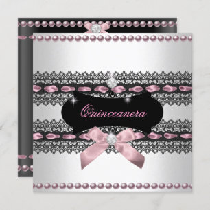 Quinceanera White Pink Black Lace Pearl Einladung