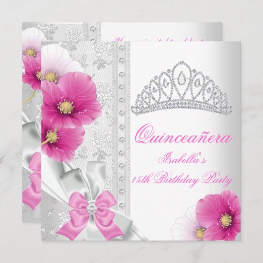 Quinceañera White Pink Floral Diamond Tiara Einladung (Vorne/Hinten)