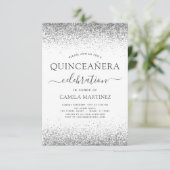Quinceanera White Silver Modern Glitzer Sparkone Einladung (Stehend Vorderseite)