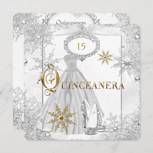 Quinceanera White Silver Snowflakes Tiara Einladung (Vorne/Hinten)