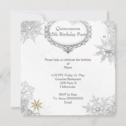 Quinceanera White Silver Snowflakes Tiara Einladung (Rückseite)