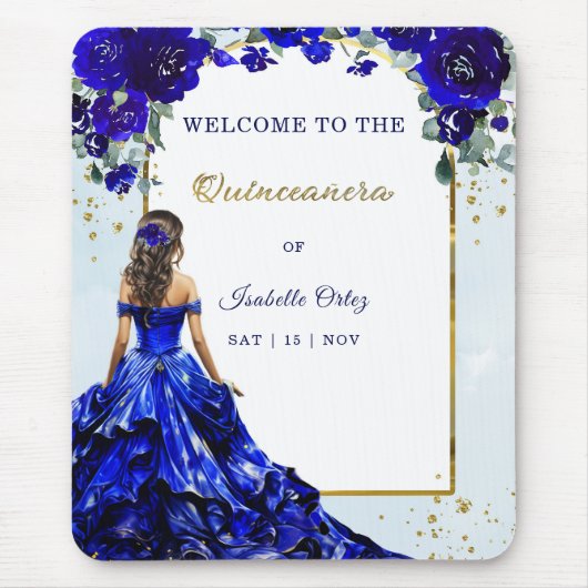 Quinceañera Willkommen Royal Blue und Gold Mousepad (Vorne)