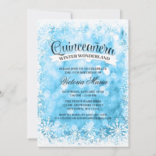 Quinceanera Winter Wonderland Blue Sparkone Einladung (Vorderseite)