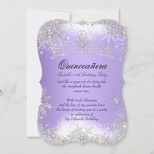 Quinceanera Winter Wonderland Lilac Lila Schnee Einladung (Vorderseite)