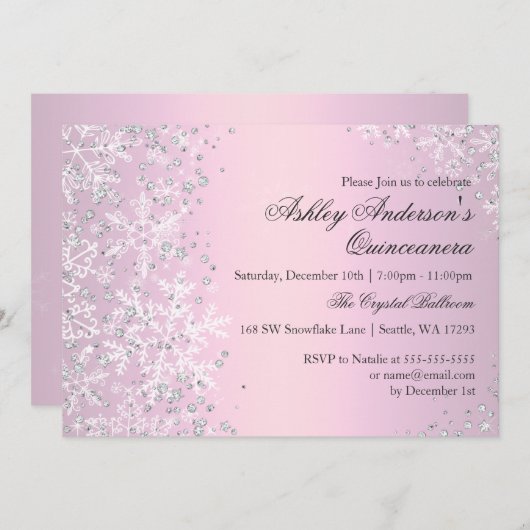 Quinceanera Winter Wonderland Rosa Schneeflocken Einladung (Vorne/Hinten)