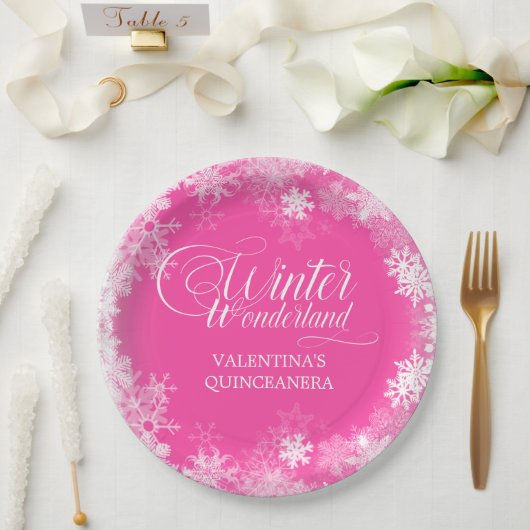 Quinceanera Winter Wonderland Schneeflocke Rosa Pappteller (Hochzeit)
