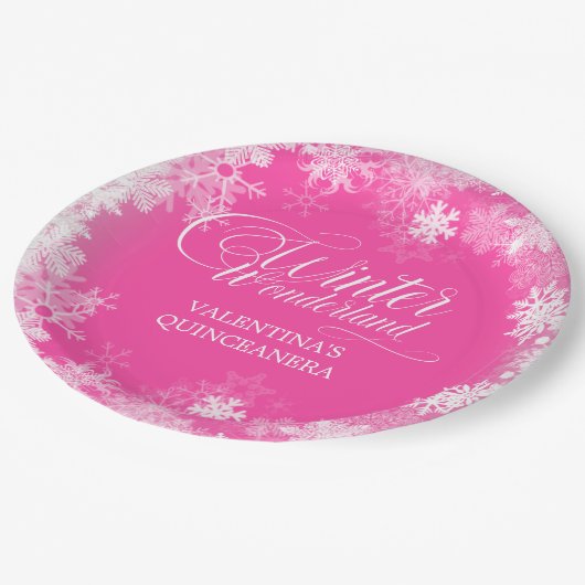 Quinceanera Winter Wonderland Schneeflocke Rosa Pappteller (Schrägansicht)