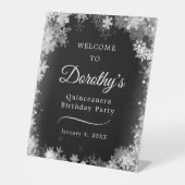 Quinceanera Winter Wonderland Schneeflocke Willkom Sockelschild (Vorderseite)