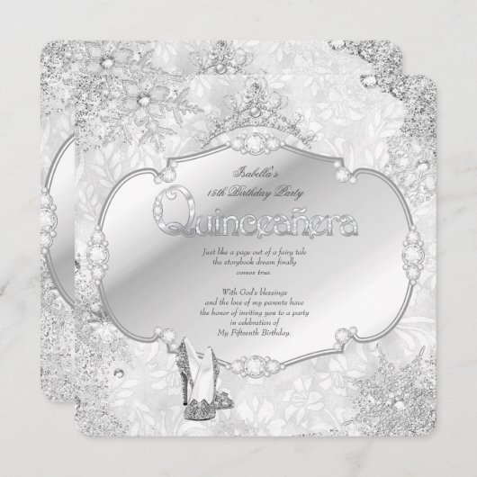 Quinceanera Winter Wonderland Silver Snowflake B Einladung (Vorne/Hinten)