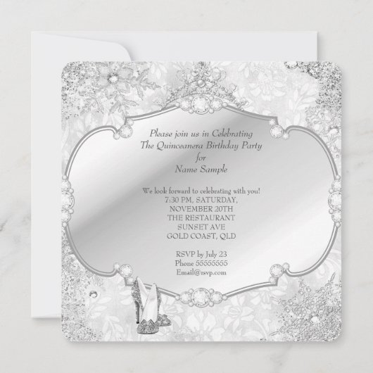 Quinceanera Winter Wonderland Silver Snowflake B Einladung (Rückseite)