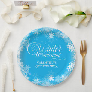 Quinceanera Winter Wonderland Snowflake Blau Pappteller