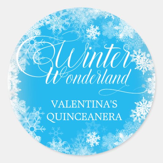 Quinceanera Winter Wonderland Snowflake Gefallen Runder Aufkleber (Vorderseite)