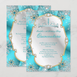 Quinceanera Winter Wonderland Türkis Gold Silber Einladung