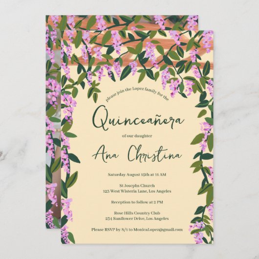 Quinceañera Wisteria Vines Floral Custom Foto Einladung (Vorne/Hinten)