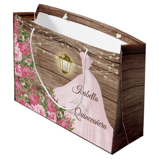Quinceañera Wood and Pink Mauve Blume Große Geschenktüte (Rückseite Schrägansicht)