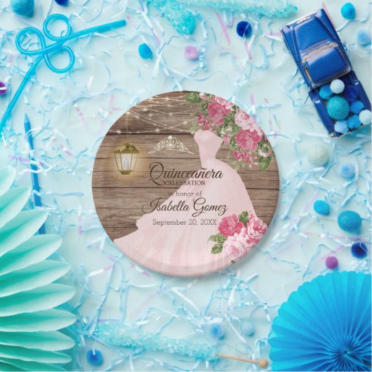 Quinceañera Wood and Pink Mauve Blume Pappteller (Party)