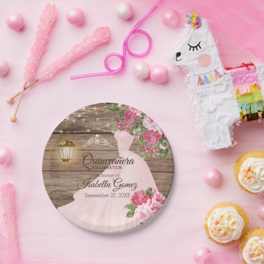 Quinceañera Wood and Pink Mauve Blume Pappteller (Party)
