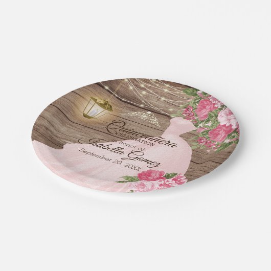Quinceañera Wood and Pink Mauve Blume Pappteller (Schrägansicht)