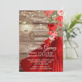 Quinceañera Wood und Rote Blume Einladung (Stehend Vorderseite)