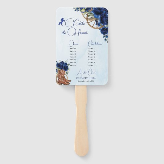 Quinceañera XV 15 Royal Blue Floral Charro Padrino Fächer (Rückseite)