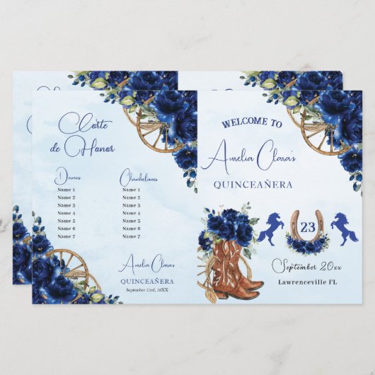 Quinceañera XV 15 Royal Blue Floral Charro Program (Vorne/Hinten)
