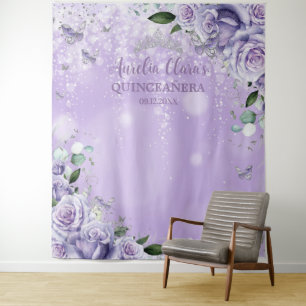 Quinceañera XV 16 Lila Blumenschmetterlinge Foto Wandteppich