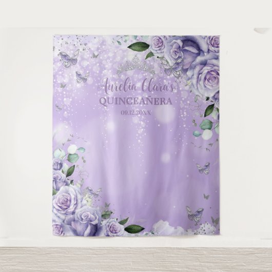 Quinceañera XV 16 Lila Blumenschmetterlinge Foto Wandteppich (Vorderseite)
