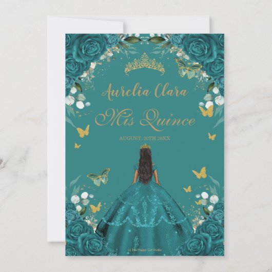 Quinceañera XV Aquamarines Green Floral Princess D Einladung (Rückseite)